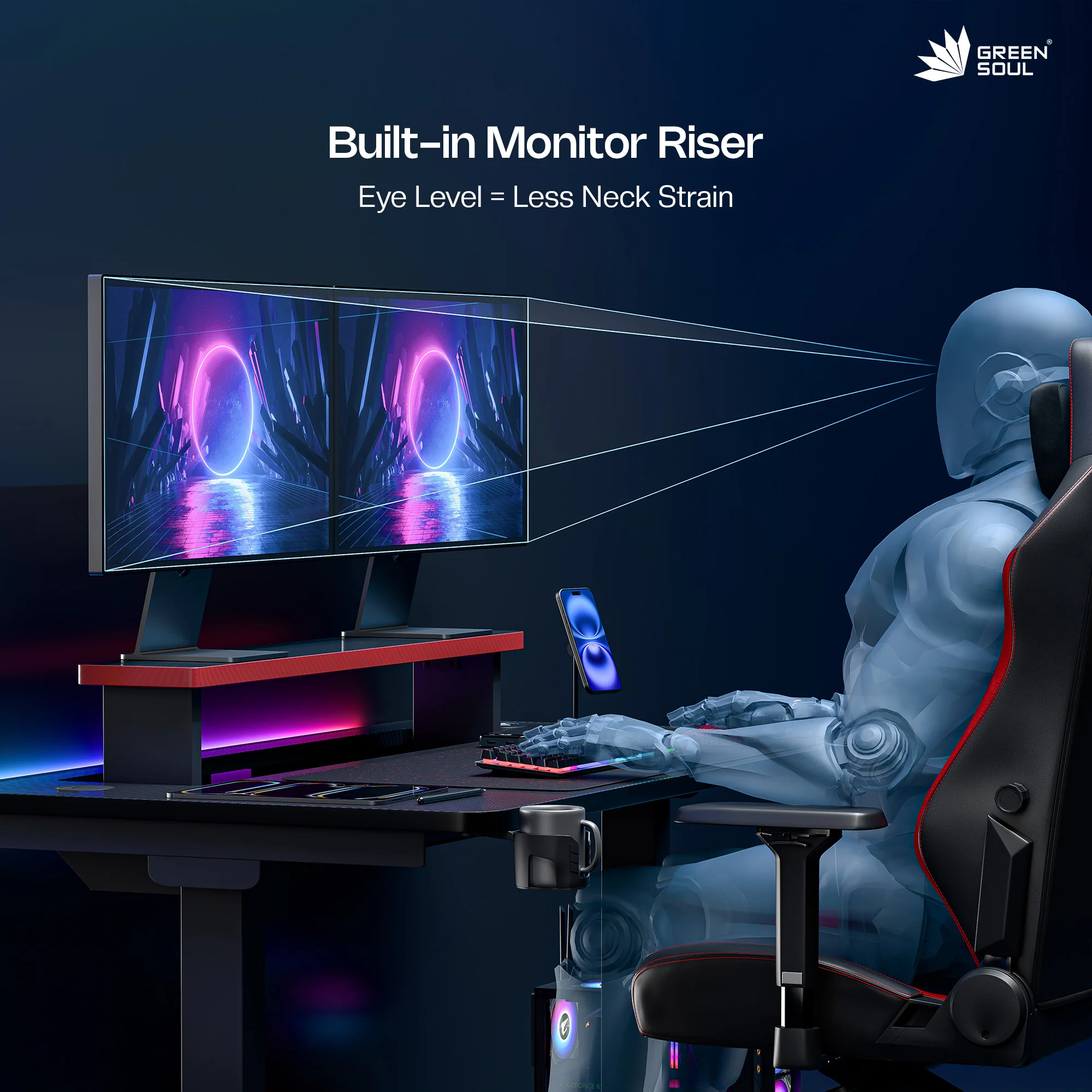 Green Soul Phantom Gaming Height Adjustable Table - Image 10