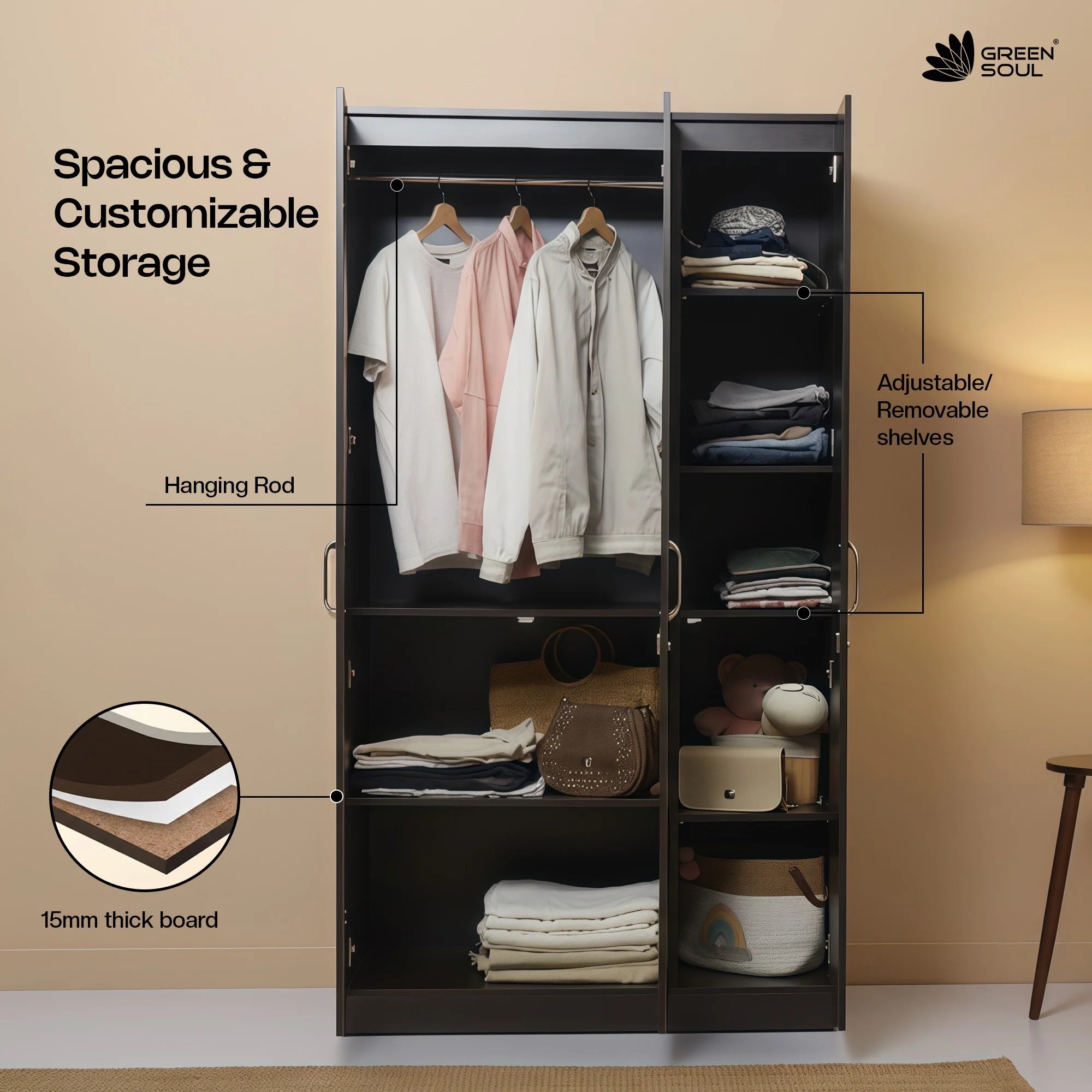 Green Soul Renewed Merlin 3-Door Wardrobe - Image 14